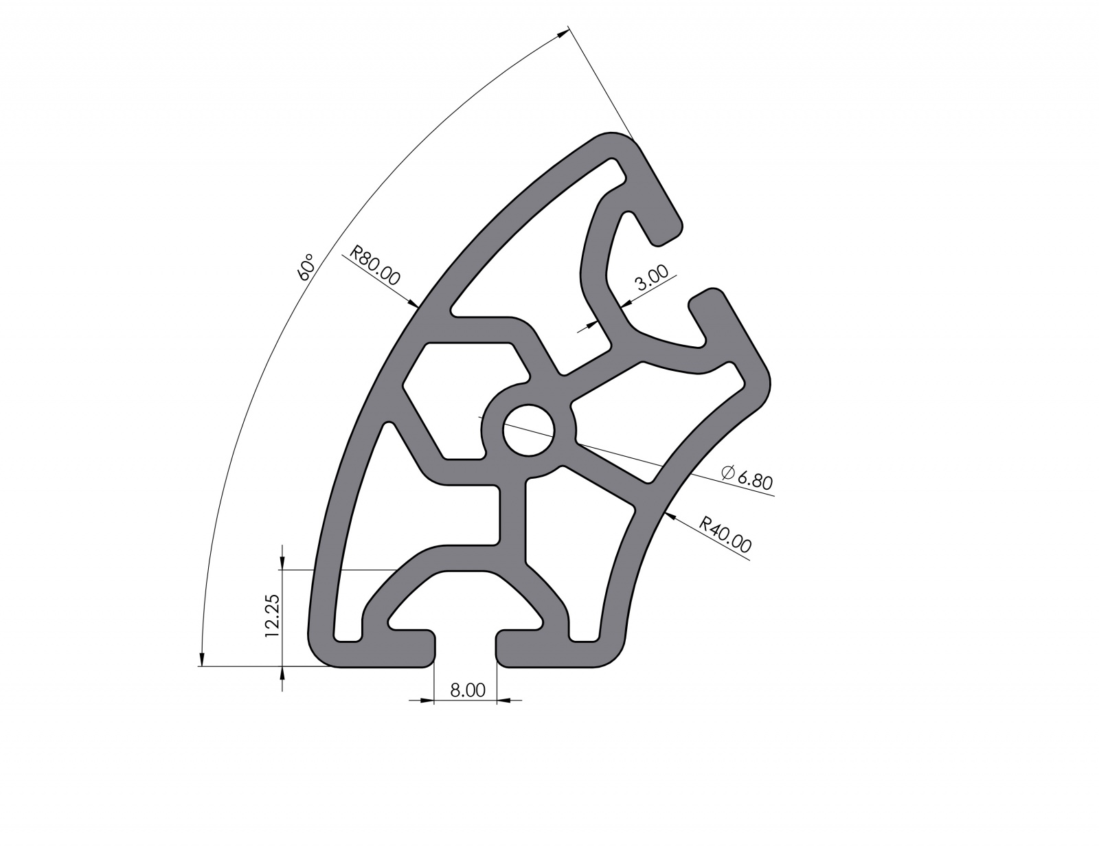 Aluminiumprofil R40/80 60° Leicht Nut 8 I-Typ